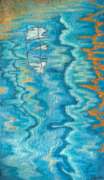 Abstrakte Wasserstruktur in Türkis mit orangefarbenen Linien.