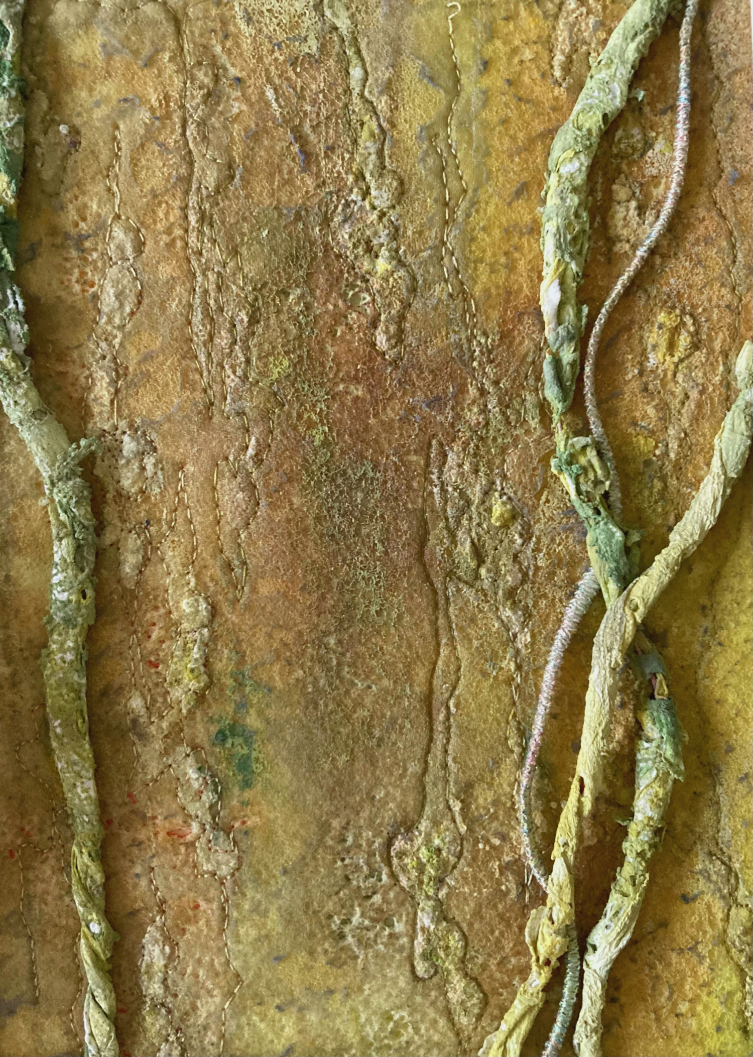 Eine grobe, gelblich-braune Textur mit aufgesetzten, hellgrünen Schnüren oder Fäden.