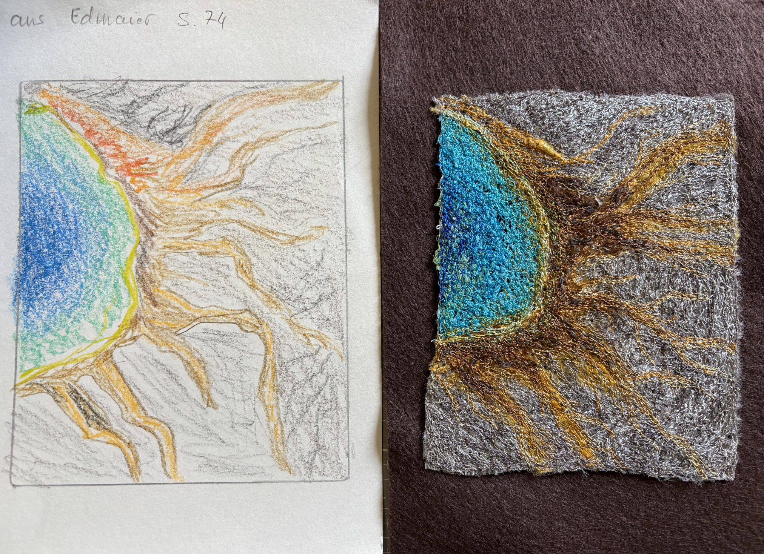 Ein Vergleich zwischen Skizzen und deren textiler Umsetzung: Oben eine strahlende Sonne, unten eine sanfte Hügellandschaft in Blau- und Beigetönen.