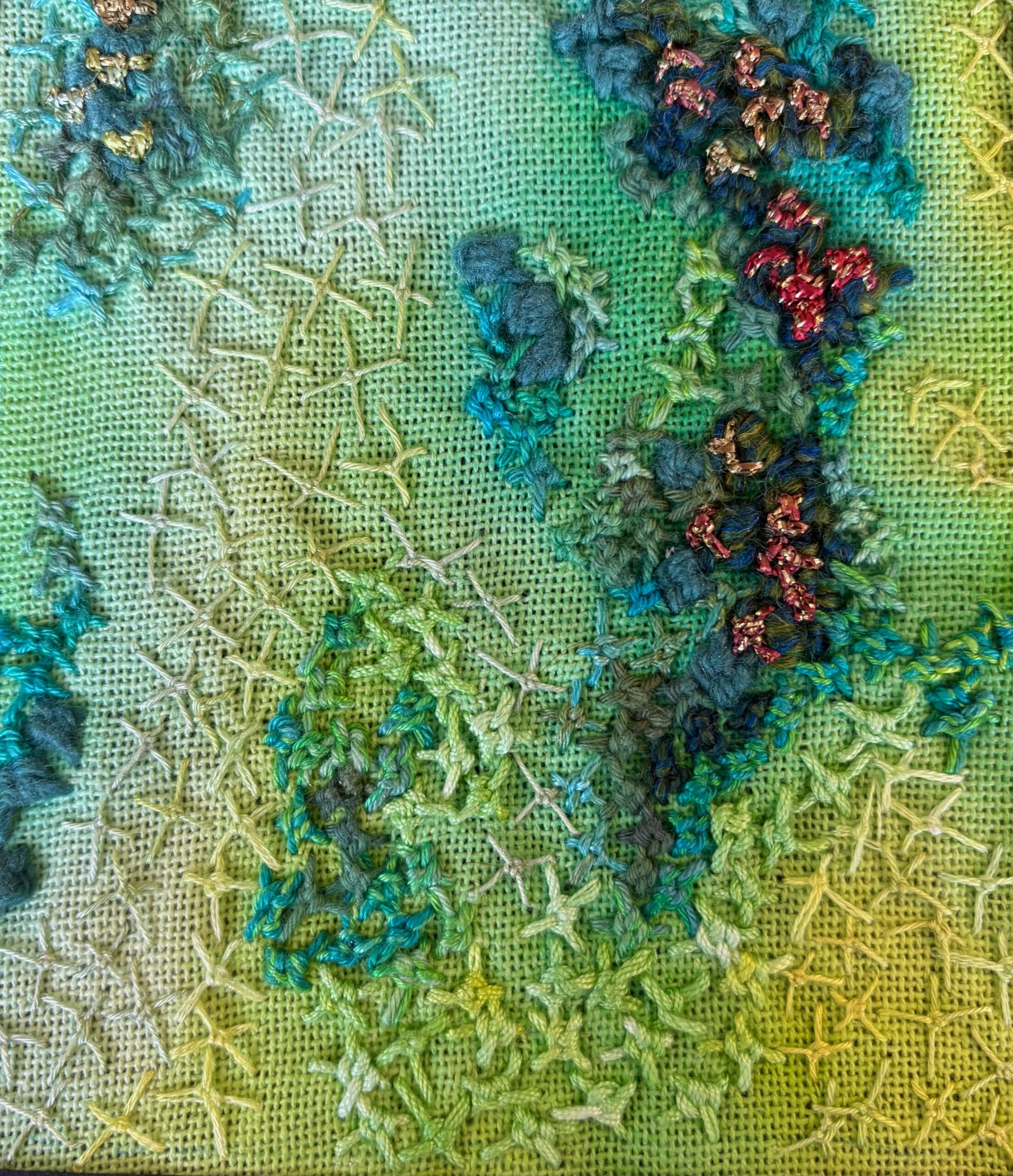 Nahaufnahme einer Textilarbeit in Grün- und Gelbtönen mit kreuzförmigen Stichen und plastischen, dunkelblauen Akzenten.