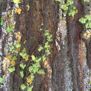 Dunkle, vertikal strukturierte Basis mit kleinen, hellgrünen Stoffknoten, die wie Moosbewuchs wirken.